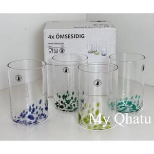 IKEA OMSESIDIG 4pk Glass Set Handmade 17oz Colorful Dots New discontinued
